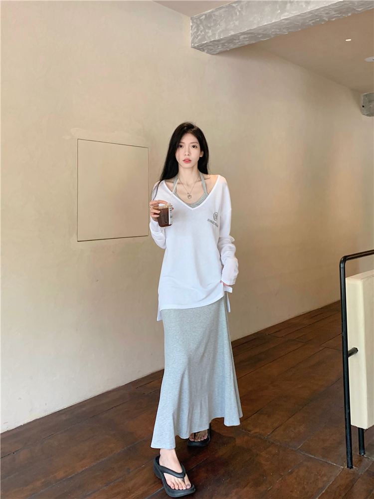 實拍~大碼掛脖連衣裙女夏季法式高級感氣質顯瘦長裙+防曬罩衫