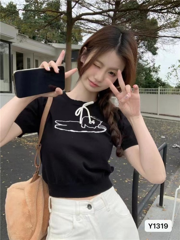 夏季新款韓版溫柔風甜美狗狗提花短袖上衣女