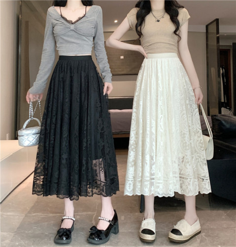 Real shot of lace skirt, women's mid-length A-line umbrella skirt, high-waisted slimming pleated skirt