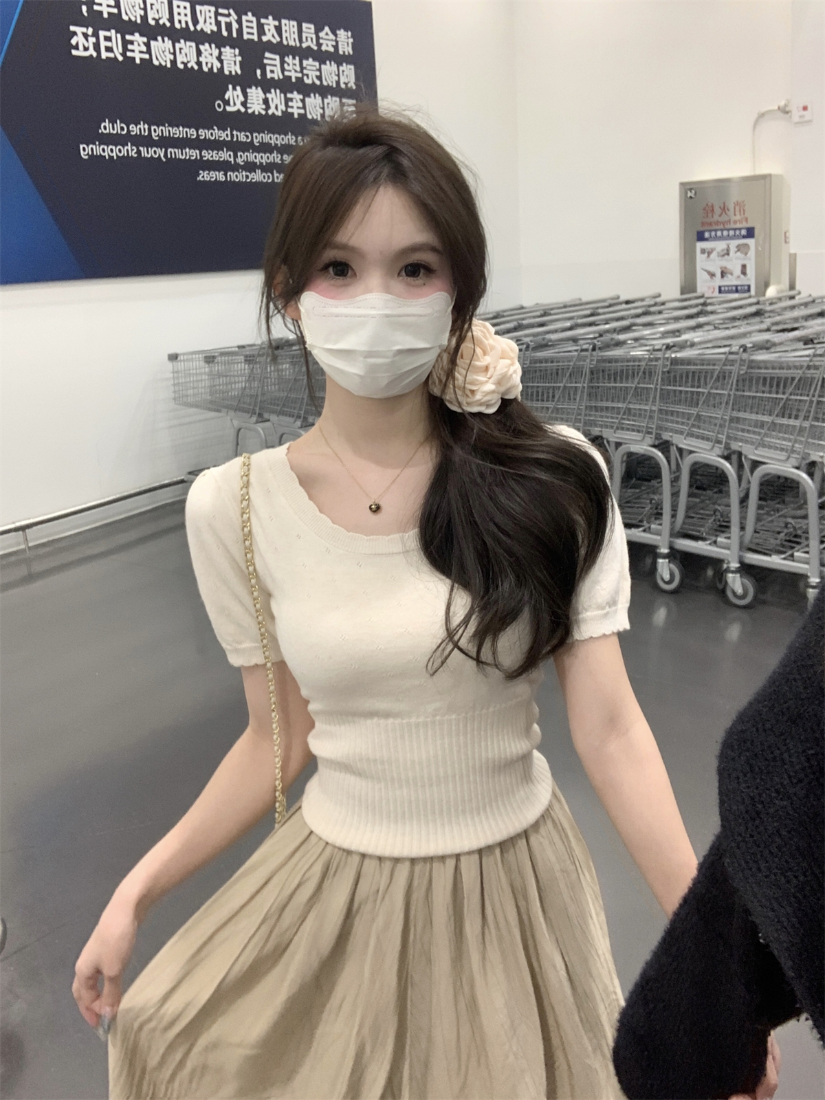 實拍 春夏韓版修身大u領甜美花邊設計感安迪絨針織短袖女上衣