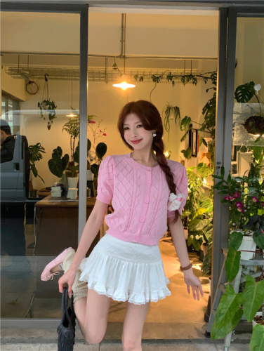 Actual shot~Spring new style~2024 sweet pure desire thin hollow sunscreen knitted cardigan short-sleeved top