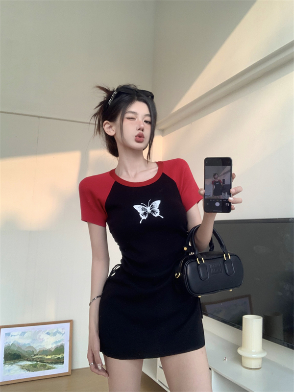 實拍 大碼插肩袖拼色修身顯瘦緊身包身連衣裙