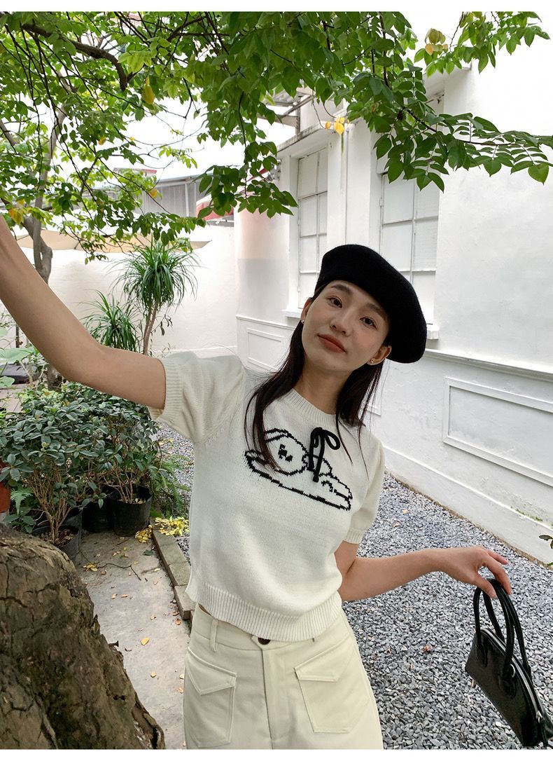 新款~韓版溫柔風甜美雲朵狗狗提花針織上衣