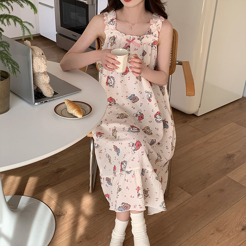 帶胸墊睡衣女夏季2024新款吊帶睡裙皺布家居服甜美可愛網紅可外穿