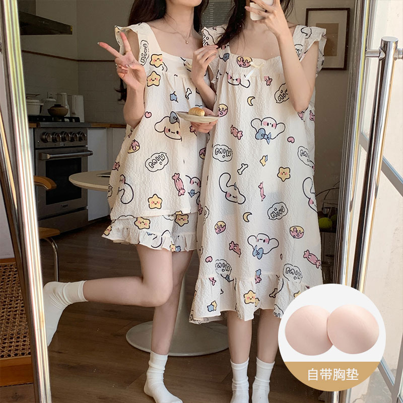 帶胸墊睡衣女夏季2024韓版新款小飛袖皺布家居服套裝甜美可愛網紅