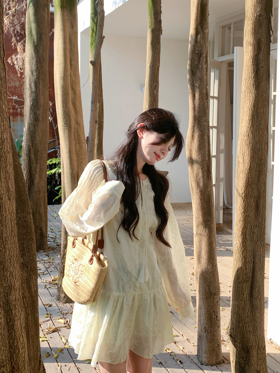 Actual shot~Spring new arrival lazy style embroidered dress with design sun protection V-neck fairy dress mid-length dress