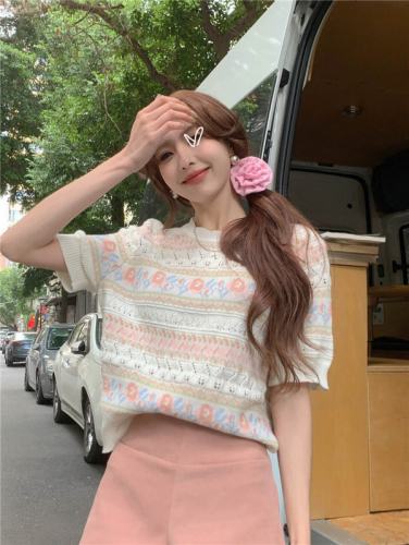Actual shot~Spring new style~2024 new French round neck hollow sweet jacquard short-sleeved sweater