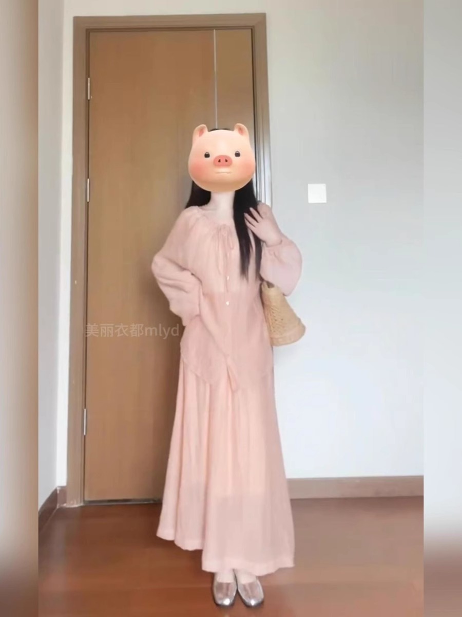 大碼法式慵懶粉色長袖襯衫套裝女度假風沙灘海邊防曬半身裙兩件套