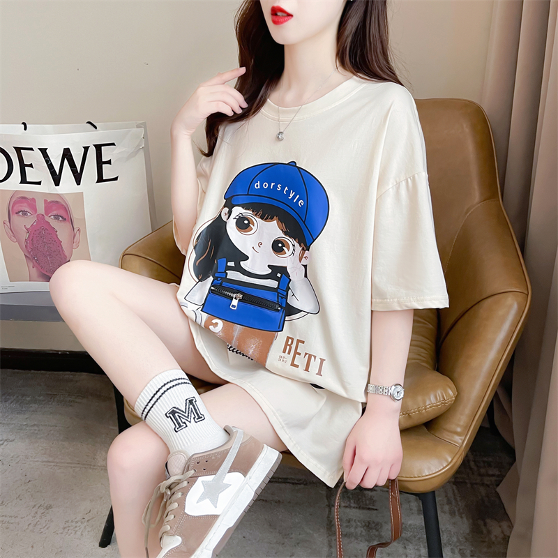 Real shot Summer Korean style loose real bag pure cotton back collar cartoon print large size short-sleeved T-shirt for women