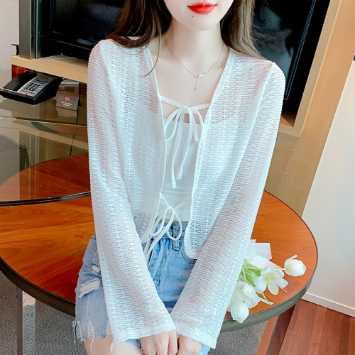Already shipped 2024 spring and summer real shot large size new short loose lace-up sun protection shirt small shawl for women