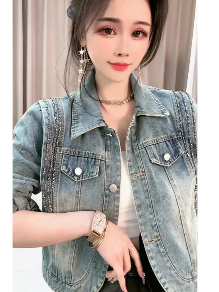 預 歐貨重工釘珠牛仔外套女2024新款港風復古小個子短款夾克上衣