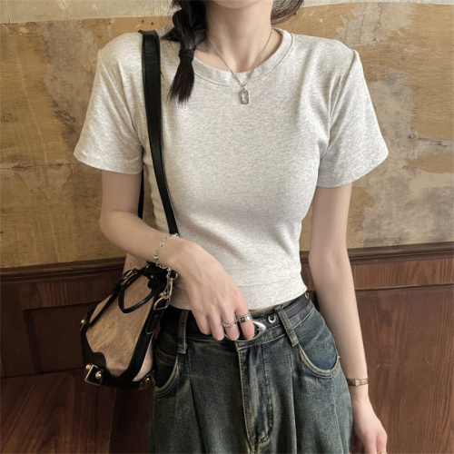 Real shot of right shoulder t-shirt for women summer Korean chic short white short-sleeved slim fit shirt top