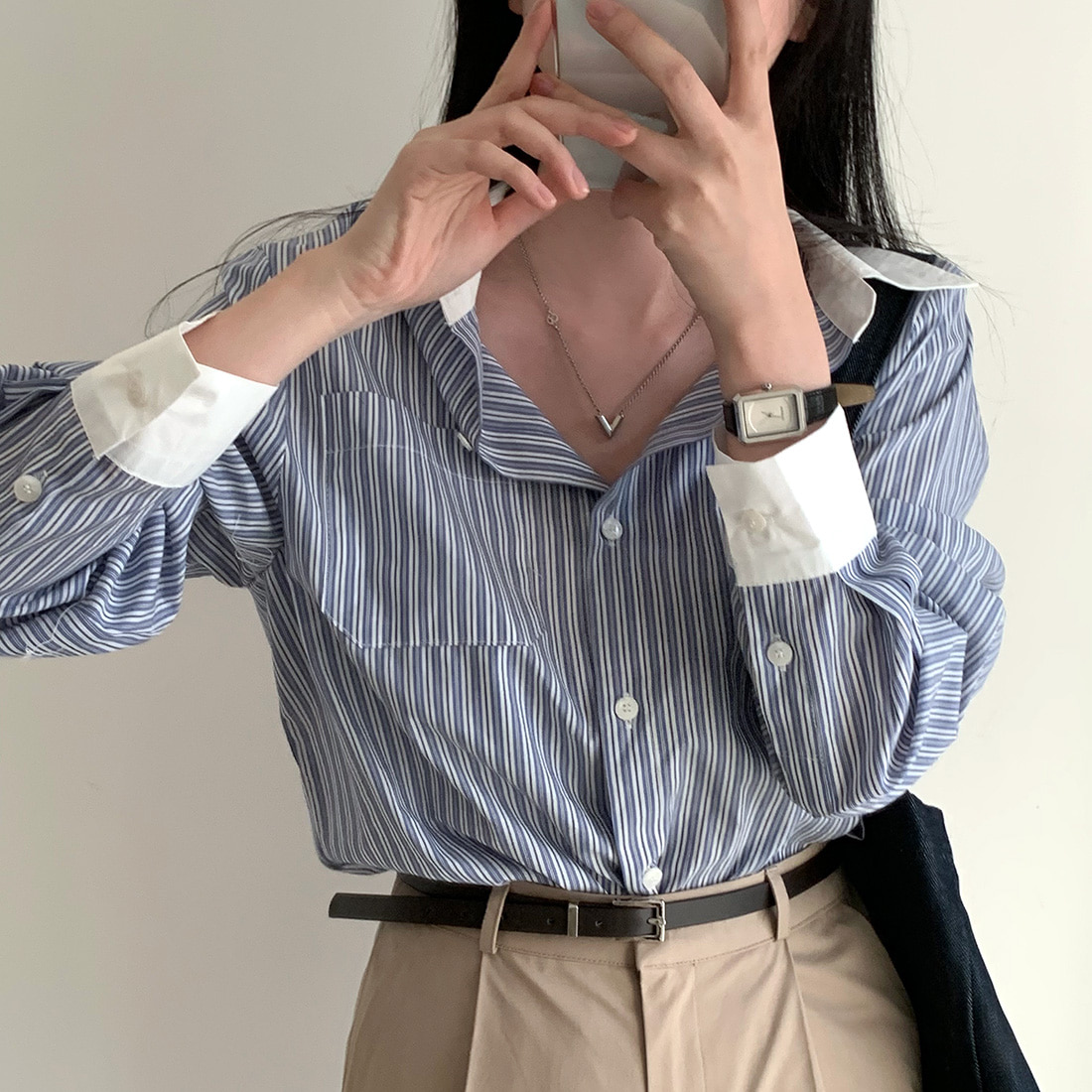 Korean chic retro temperament contrasting lapel classic striped loose casual long-sleeved shirt