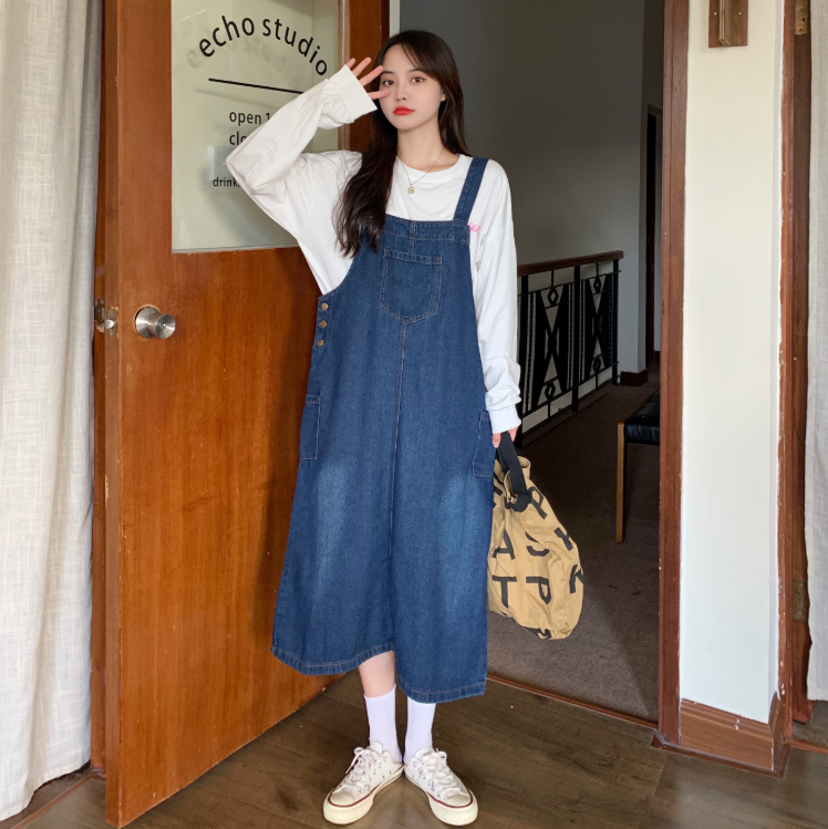 實拍夏裝大碼女裝復古減齡牛仔背帶裙寬鬆吊帶連衣裙S-5XL200斤