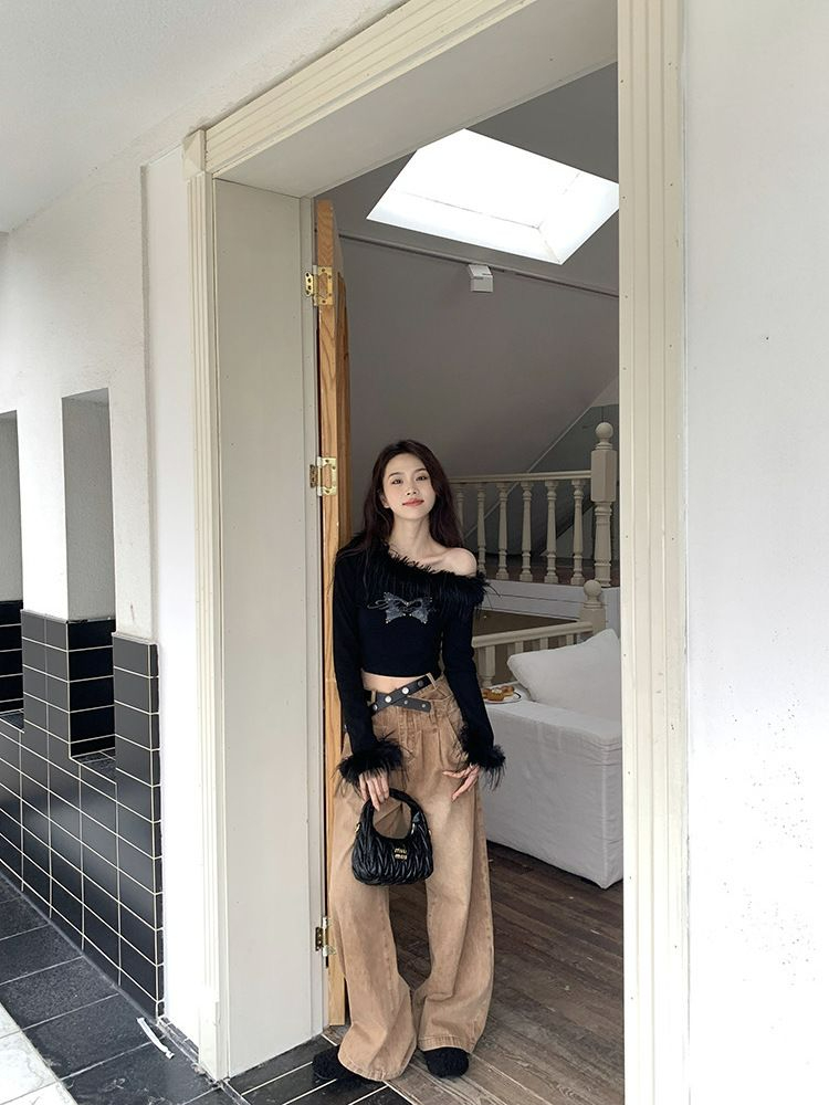 美式復古設計感高腰水洗牛仔褲女ins風寬鬆氣質顯瘦拖地長褲歐美