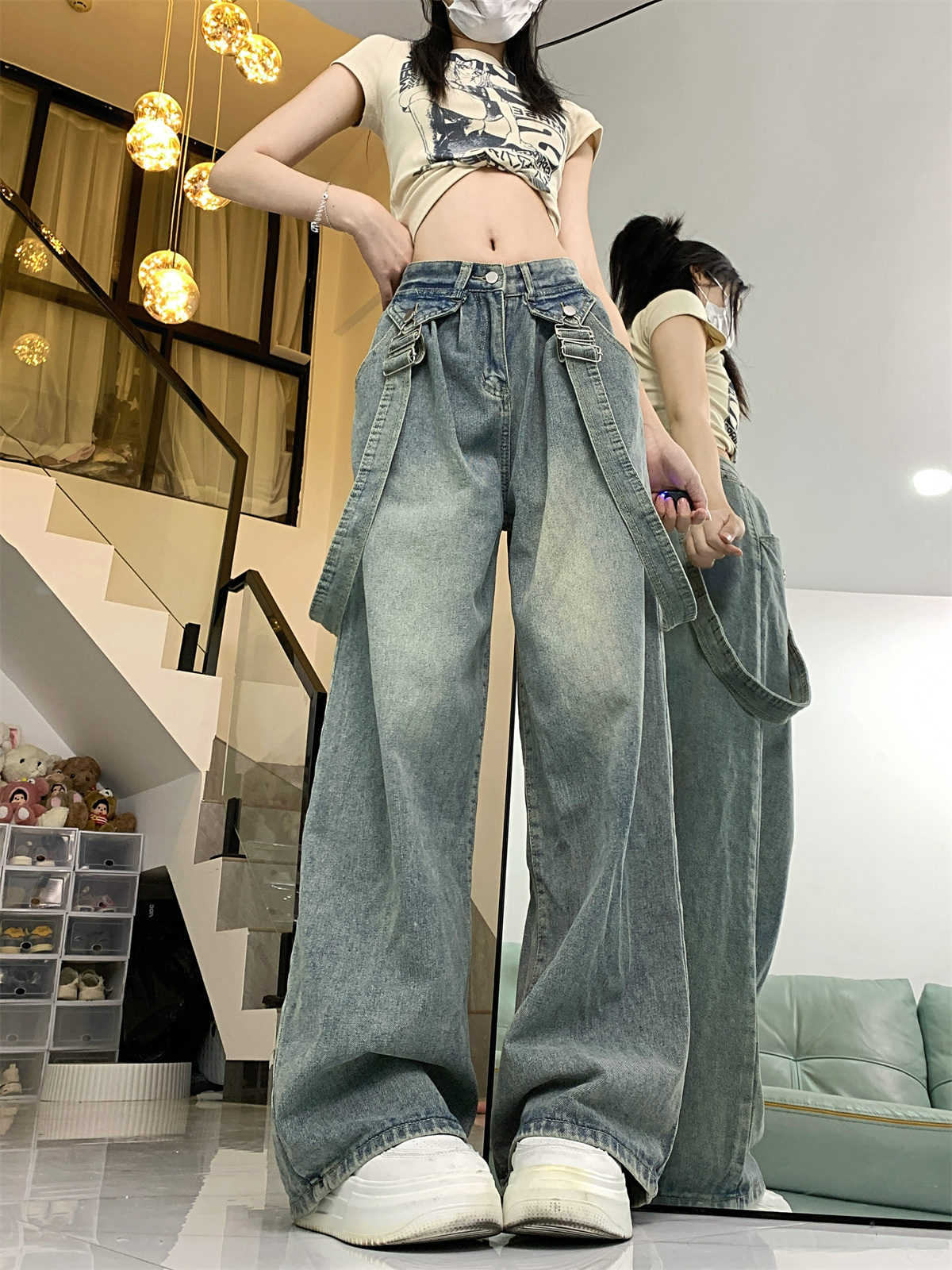 實拍~背帶拆卸牛仔褲美式復古小眾高腰寬鬆遮肉闊腿長褲