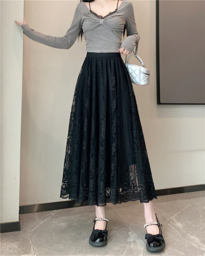 Real shot of lace skirt, women's mid-length A-line umbrella skirt, high-waisted slimming pleated skirt