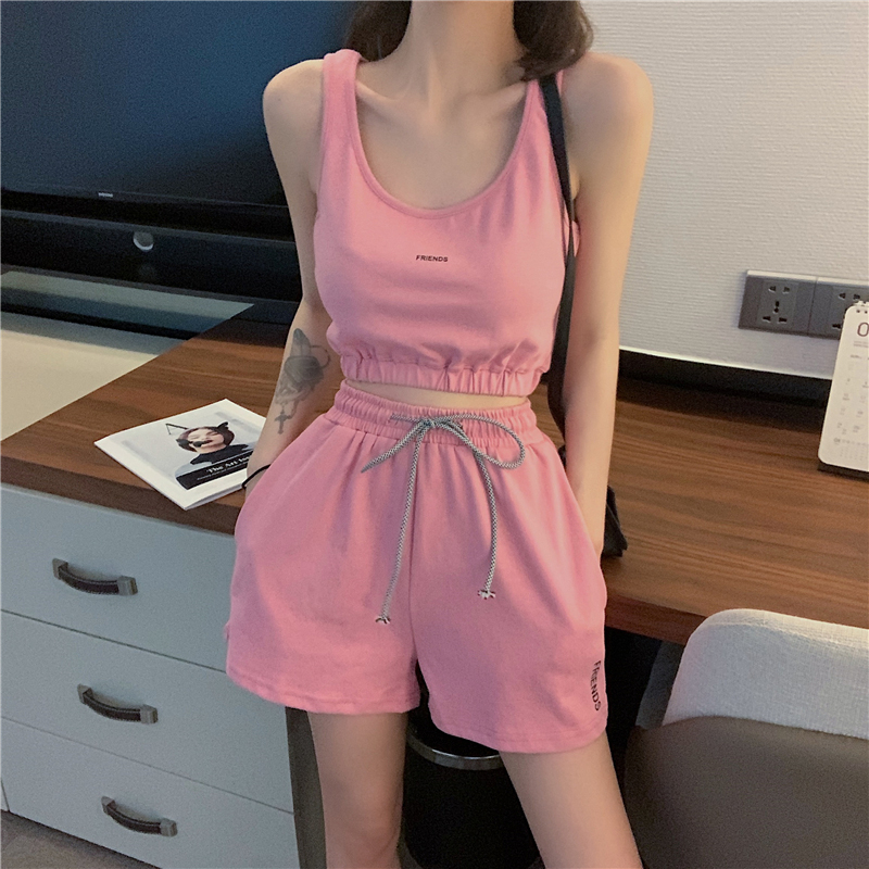 6535 cotton fish scale casual yoga fitness running sports suit vest short shorts two-piece set for women