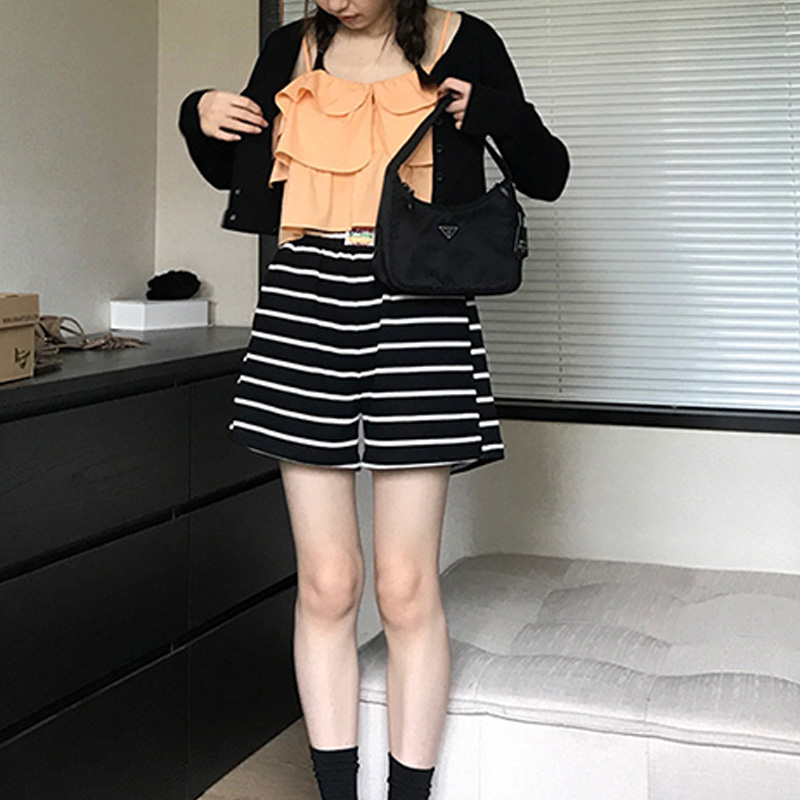 褲腳有開叉黑白條紋短褲女夏季薄款寬鬆顯瘦闊腿三分褲