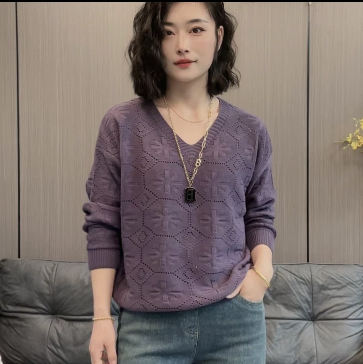 海片2399女士休閒早春款純色毛衣針織衫鏤空V領百搭時尚寬鬆
