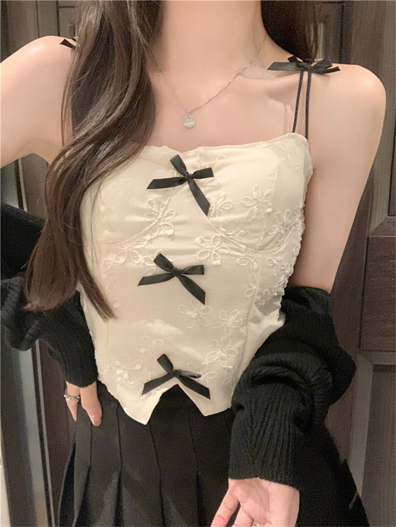 Sweet hot girl lace jacquard small suspender women's autumn and winter bow beautiful back sleeveless bottoming vest temperament top