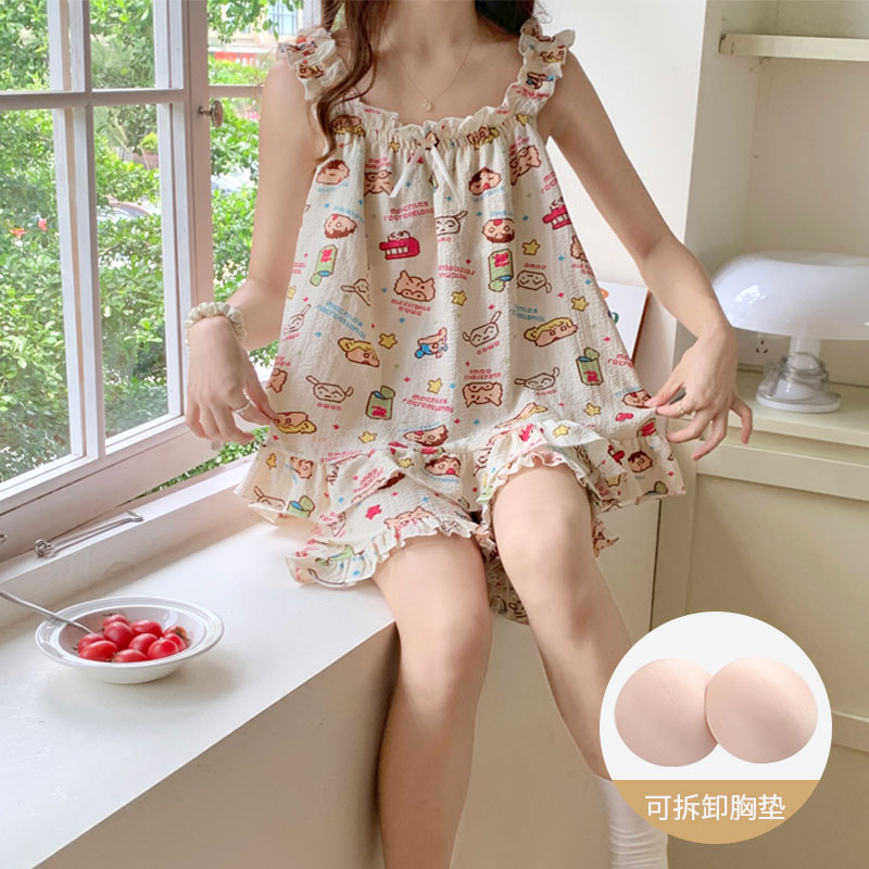 帶胸墊睡衣女夏季2024年韓版新款泡泡棉吊帶家居服兩件套裝