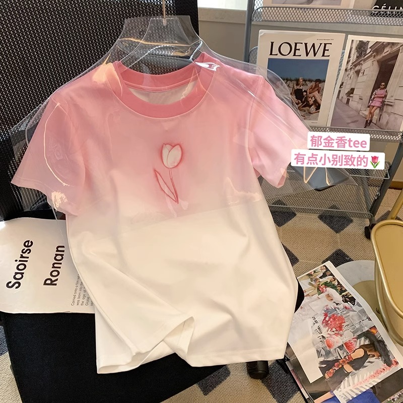 官圖6535棉漸變色鬱金香圓領短袖T恤女夏季甜美短袖上衣女