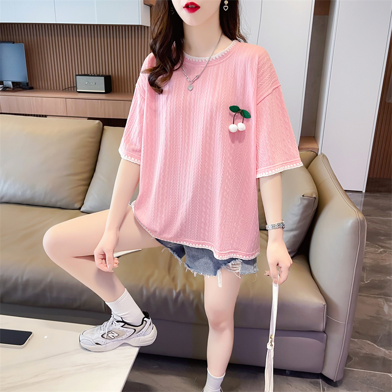 實拍 夏季新款韓版寬鬆後220克單面泡花立體裝飾大碼短袖T恤女
