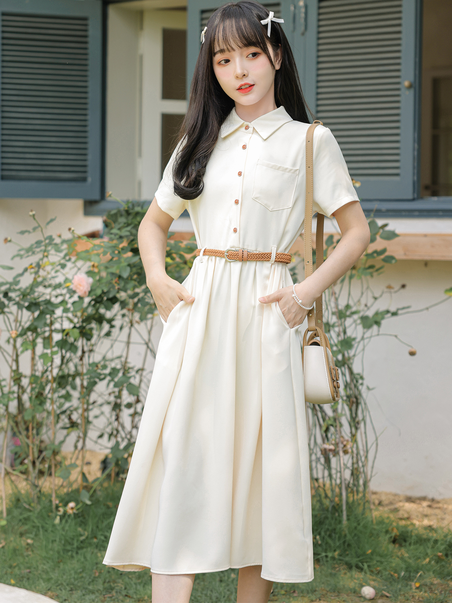 法式收腰長裙女夏季2024新款襯衫裙設計感小眾高端教資面試連衣裙
