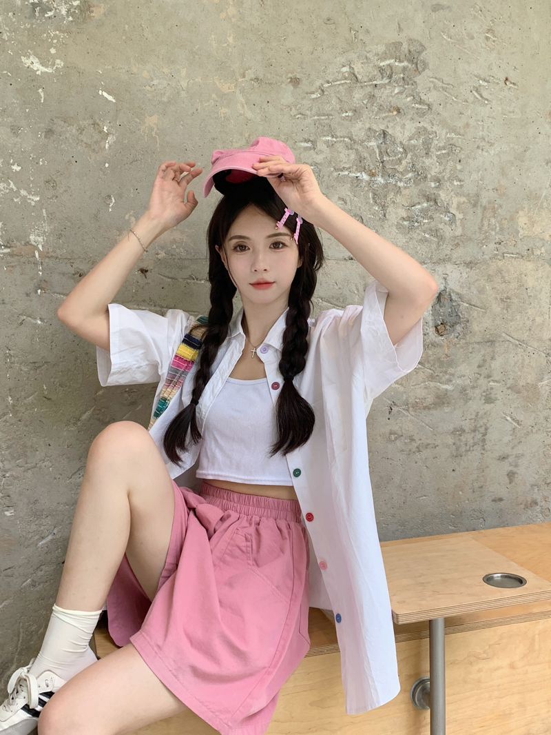 港風復古設計感彩虹扣襯衫女寬鬆短袖襯衣夏季韓版百搭上衣女