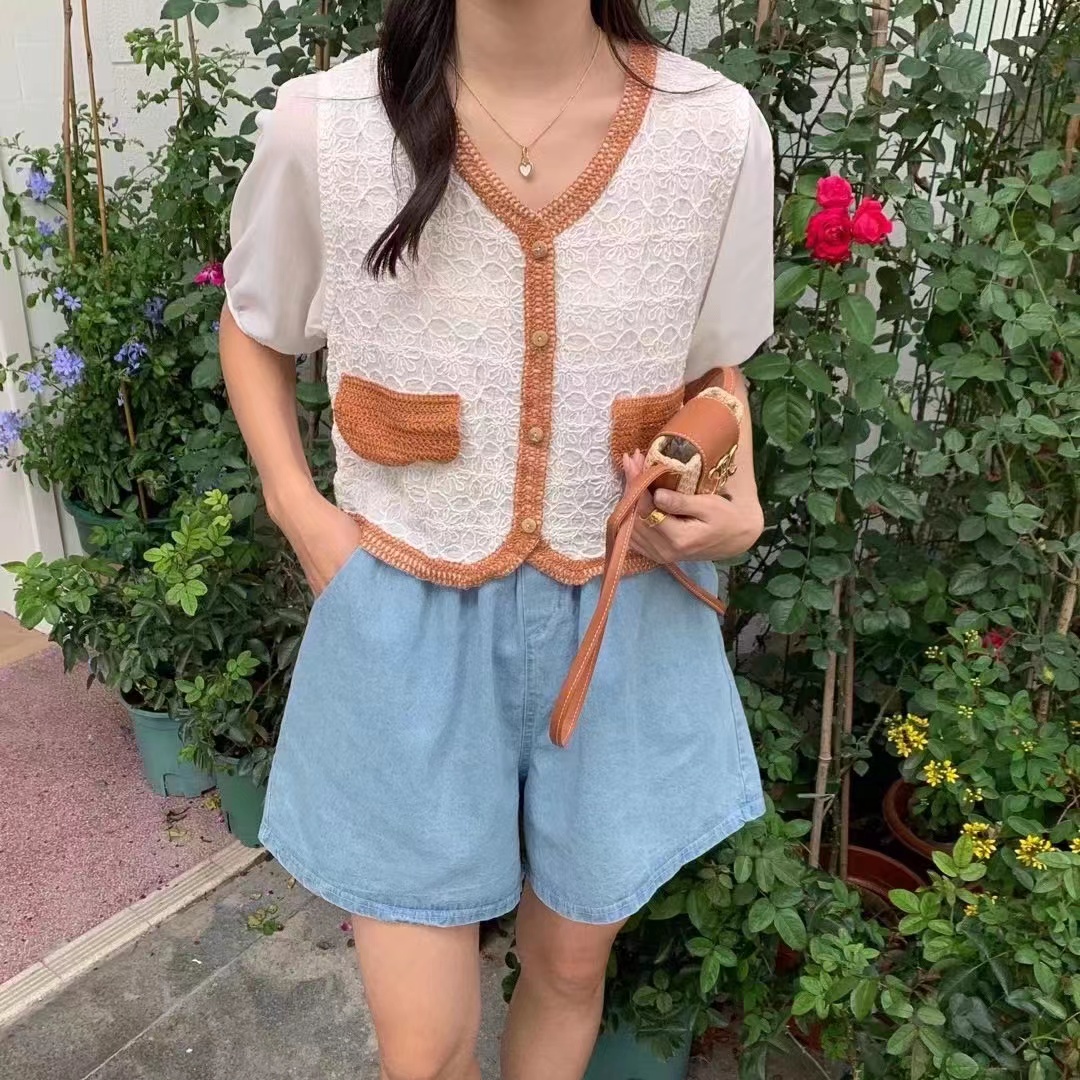 V領針織開衫短袖女百搭夏季新款女裝文藝范女裝民族風上衣潮