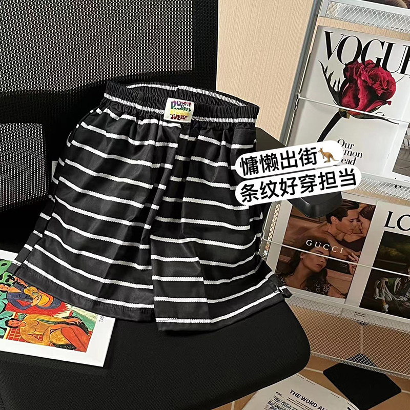 實拍 褲腳有開叉 黑白條紋短褲女夏季寬鬆高腰顯瘦休閒闊腿褲