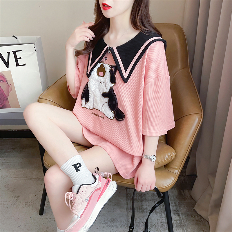 Real shot summer Korean style loose navy collar waffle cat embroidery large size short-sleeved T-shirt for women
