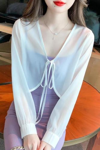 Already shipped 2024 spring and summer new chiffon sunscreen shawl shirt sleeves tie loose small coat for women