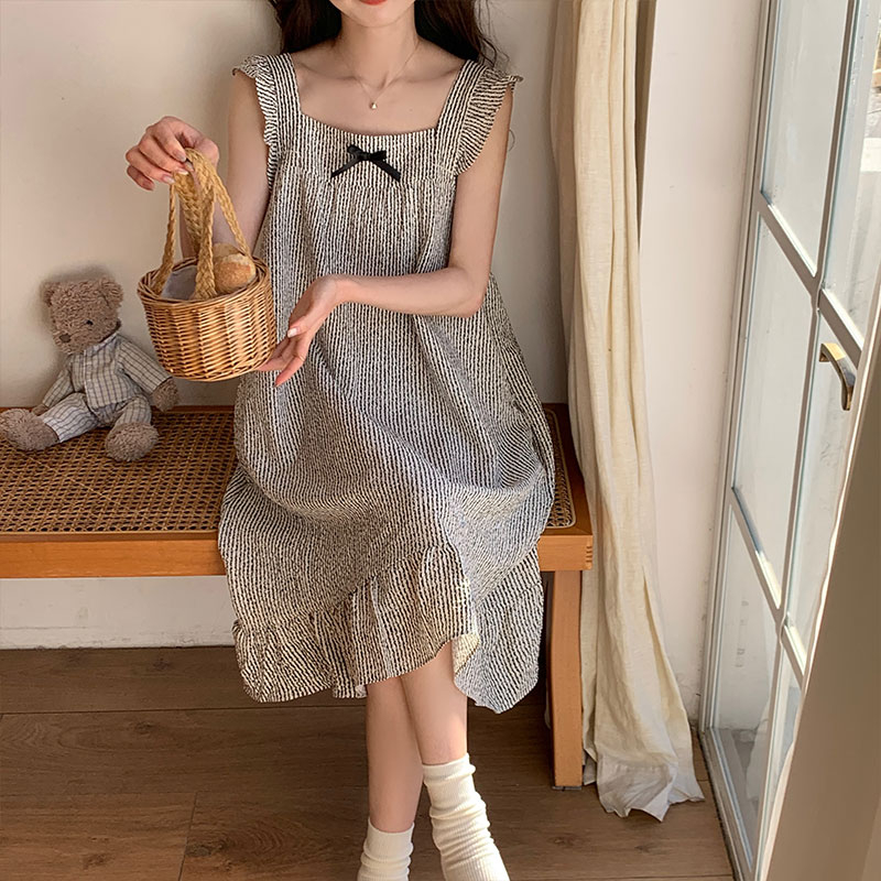 帶胸墊睡衣女夏季2024韓版新款小飛袖睡裙皺布家居服甜美可愛網紅