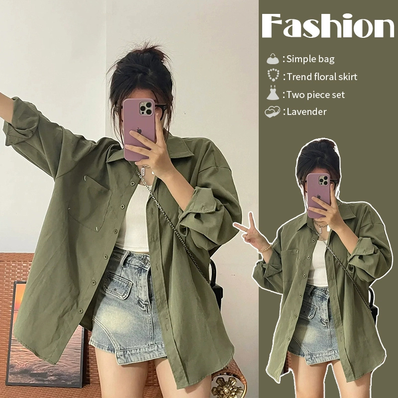 Green long-sleeved shirt tops for women 2024 new autumn French design early autumn sun protection cardigan coat shirt