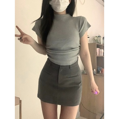 灰色上衣包臀短裙兩件套夏季小個子純欲風甜辣妹鹽系茶系穿搭套裝