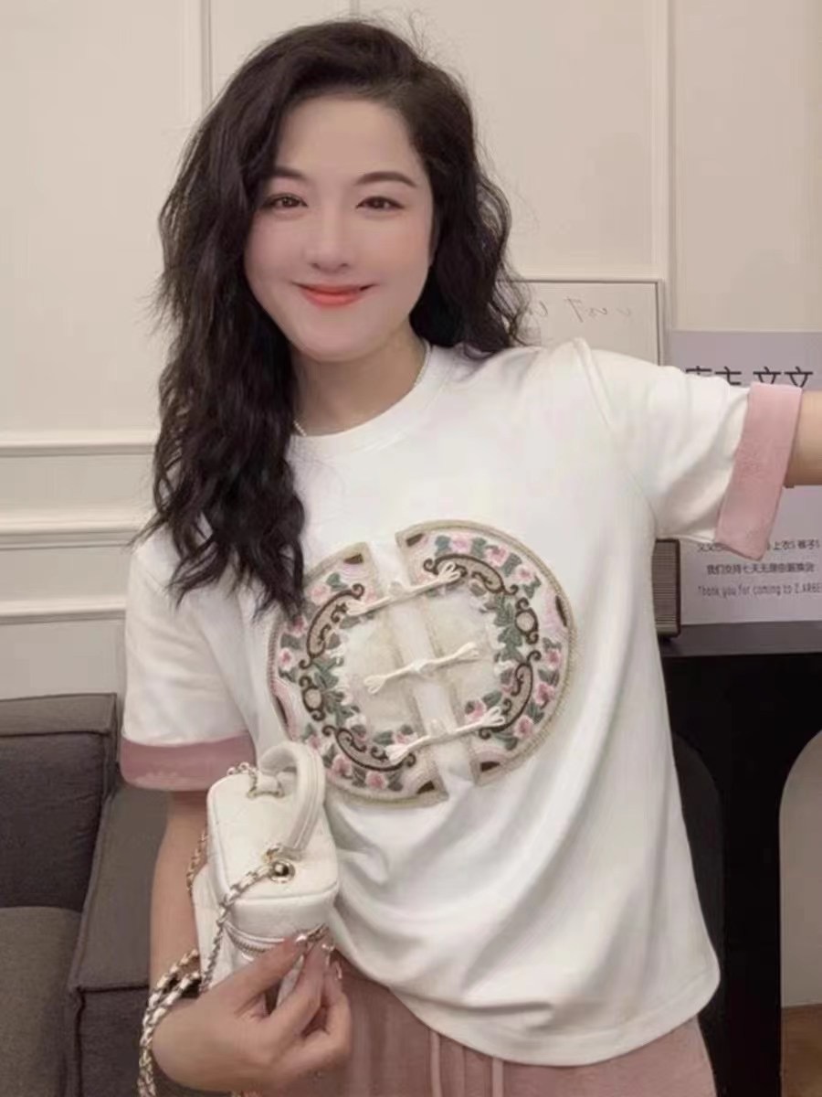 WenWen小個子2024新款新中式國風重工刺繡短袖T恤上衣