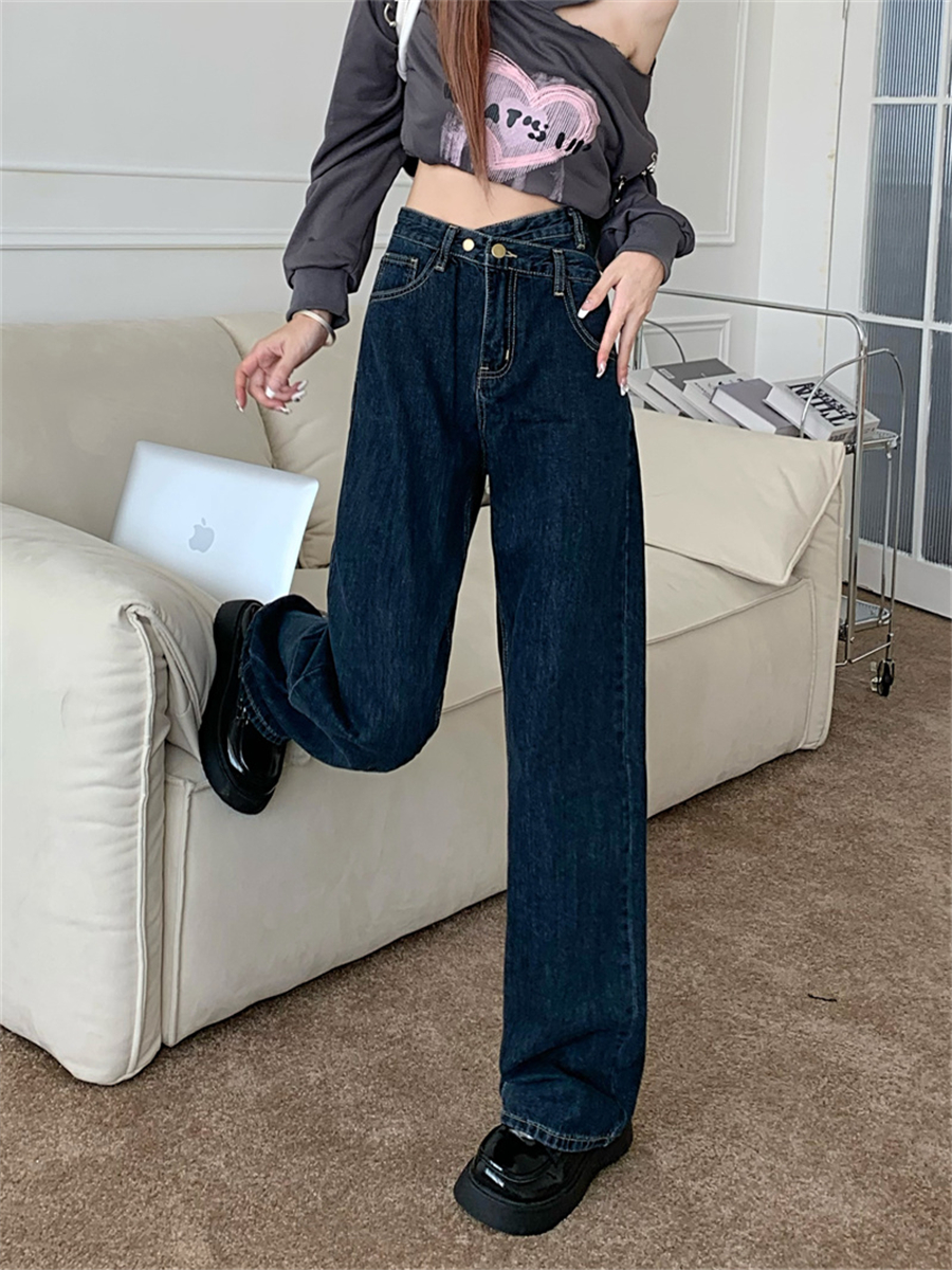 實拍大碼女裝#直筒牛仔褲新款高腰寬鬆顯瘦褲加厚保暖闊腿長褲