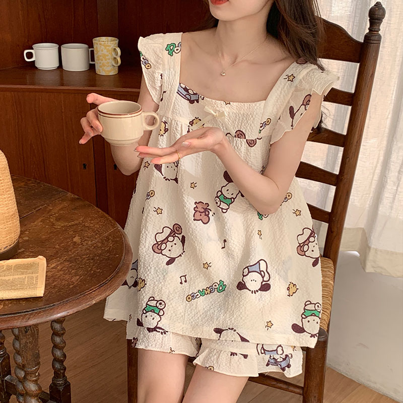 帶胸墊睡衣女夏季2024韓版新款小飛袖皺布家居服套裝甜美可愛網紅