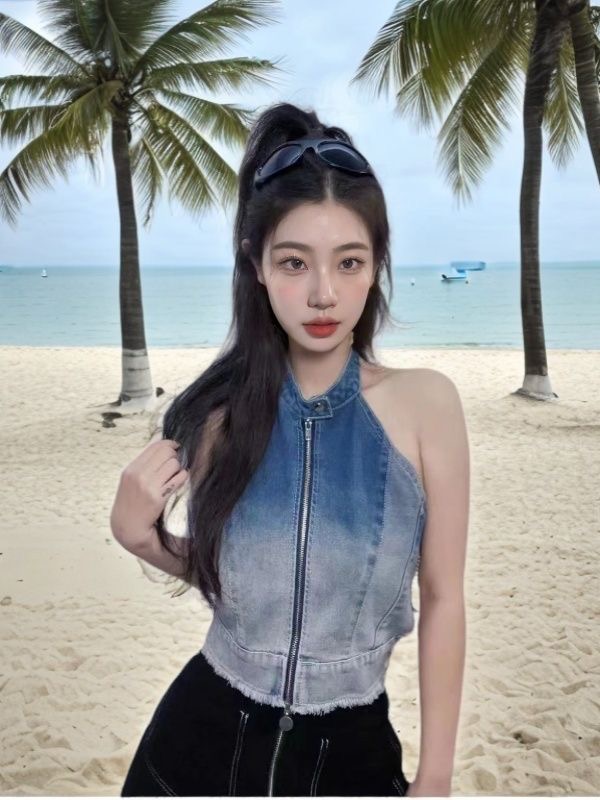 夏復古美式小個子設計短款漏肩背牛仔外套寬鬆上衣新款夾克