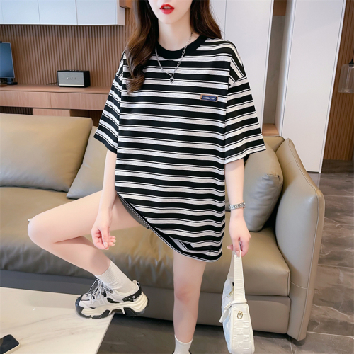 Real shot summer Korean style loose cotton back wrap collar round neck striped cartoon embroidery large size short-sleeved T-shirt for women