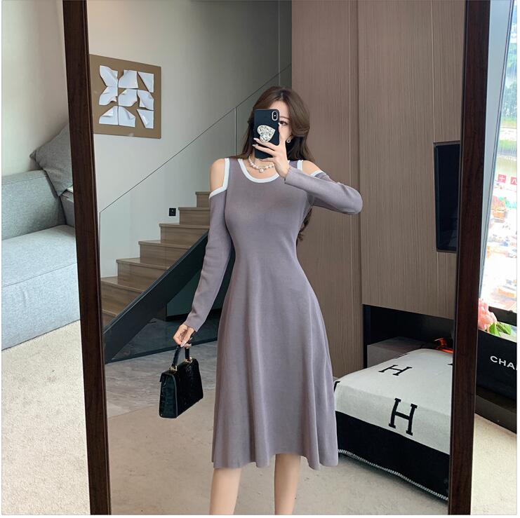 撞色露肩長袖連衣裙女裝春新款傘裙設計感小眾打底裙顯瘦潮連衣裙