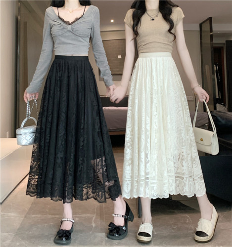 Real shot of lace skirt, women's mid-length A-line umbrella skirt, high-waisted slimming pleated skirt