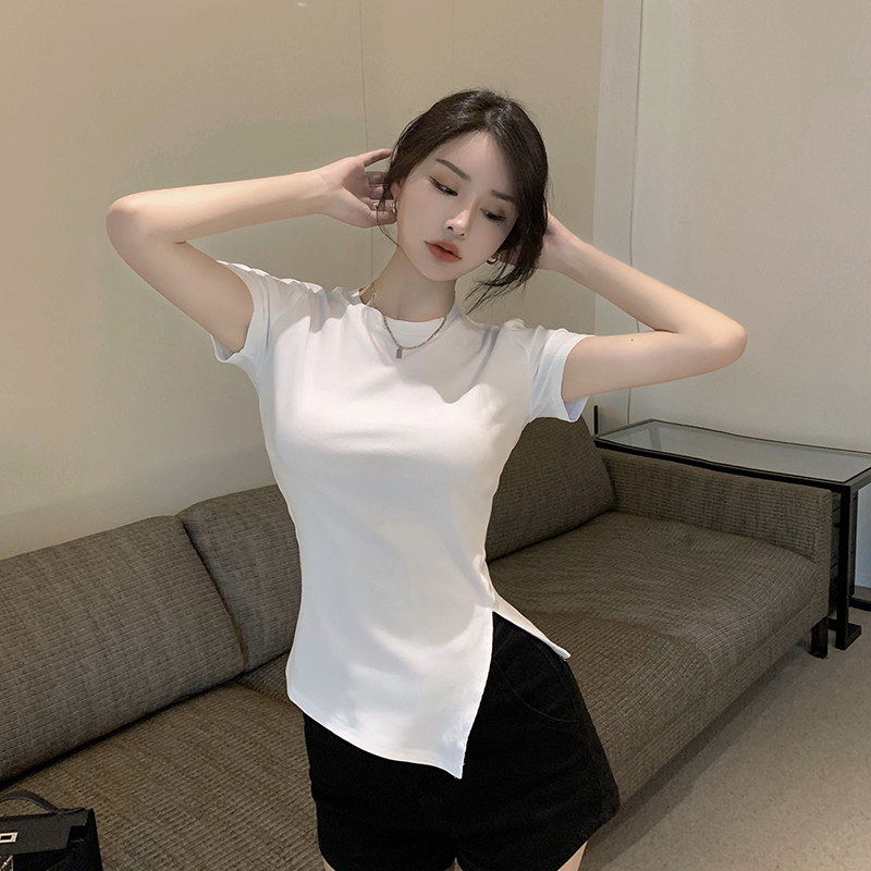Real shot of summer Korean style pure desire slim side slit irregular design short-sleeved discreet top T-shirt for women