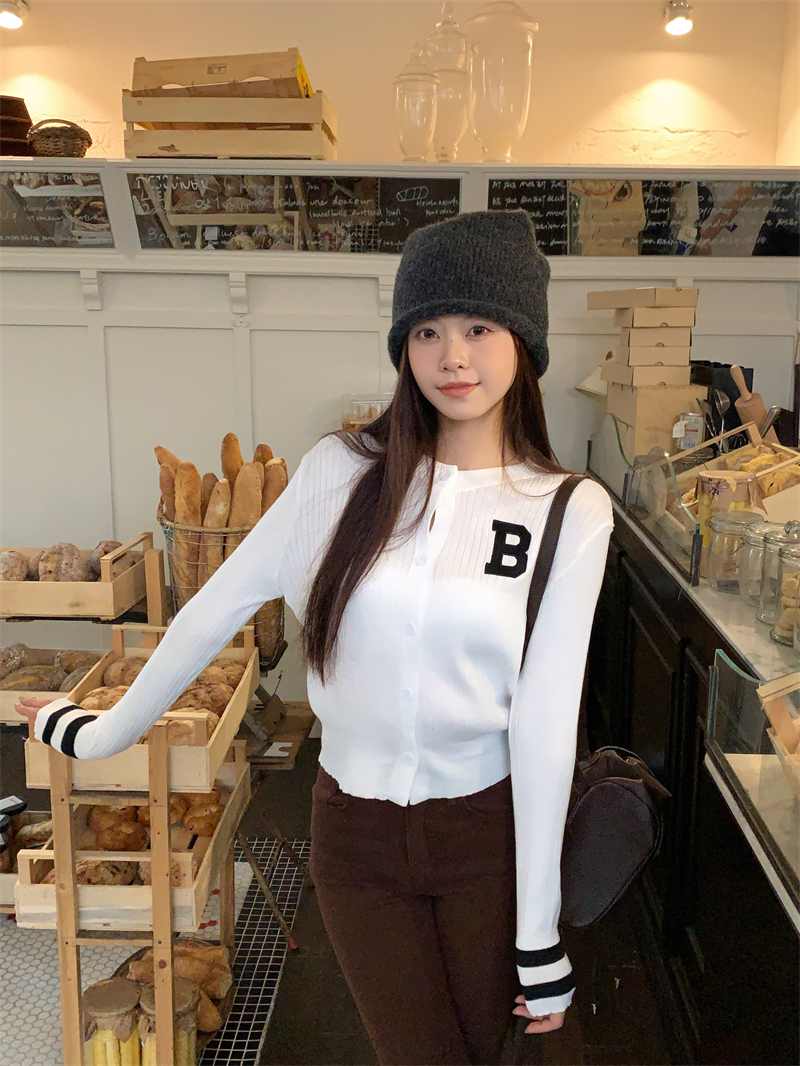 實拍 春季新款韓版撞色字母刺繡長袖針織開衫短款外套上衣女