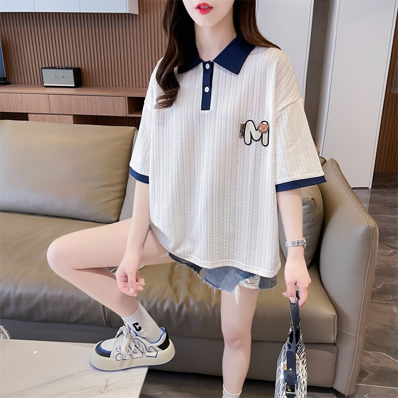 實拍 夏季韓版寬鬆後包領POLO領提花卡通刺繡大碼短袖T恤女