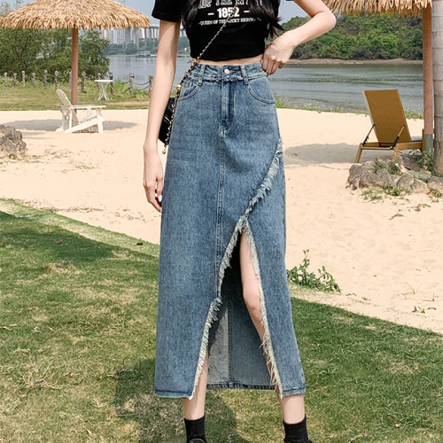 Small high-waist slit skirt women's summer mid-length design niche denim A-line skirt looks slim