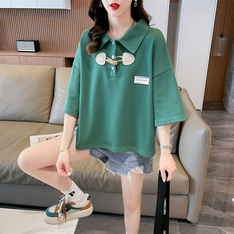 實拍 夏季新款韓版寬鬆後包領華夫格POLO領貼標大碼短袖T恤女