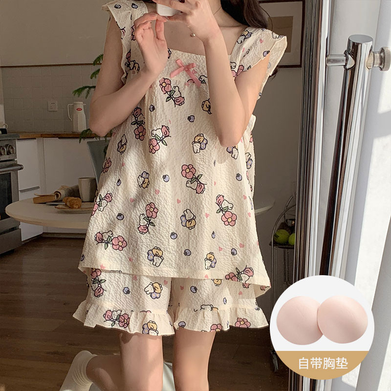 帶胸墊睡衣女夏季2024韓版新款小飛袖皺布家居服套裝甜美可愛網紅